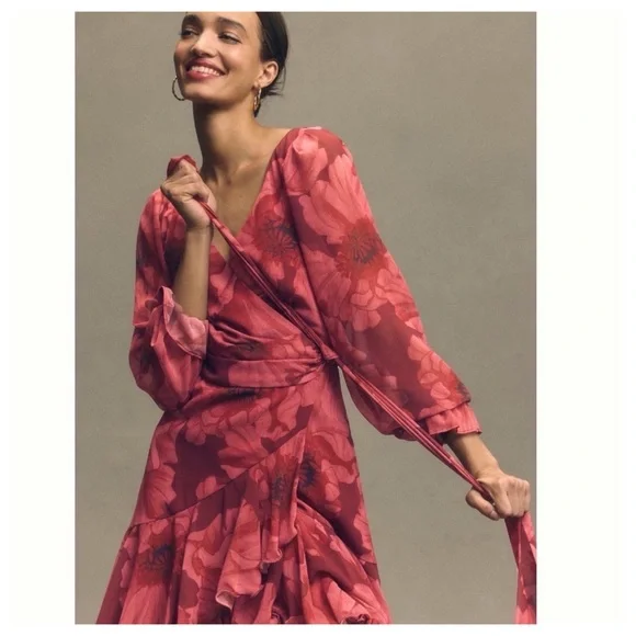 NWT Anthropologie Hutch Kya Long-Sleeve V-Neck Printed Tiered Wrap Maxi Dress XS - Picture 5 of 17